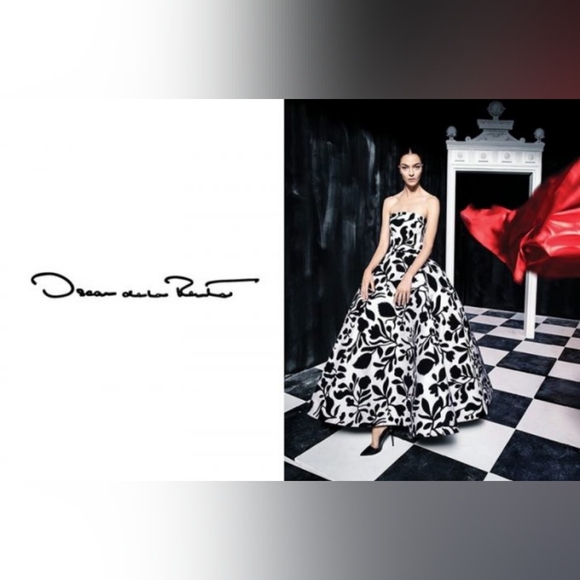 *$8,000 OSCAR DE LA RENTA WHITE SILK BLACK FLORAL EMBROIDERED RUNWAY GOWN US L - Picture 8 of 15